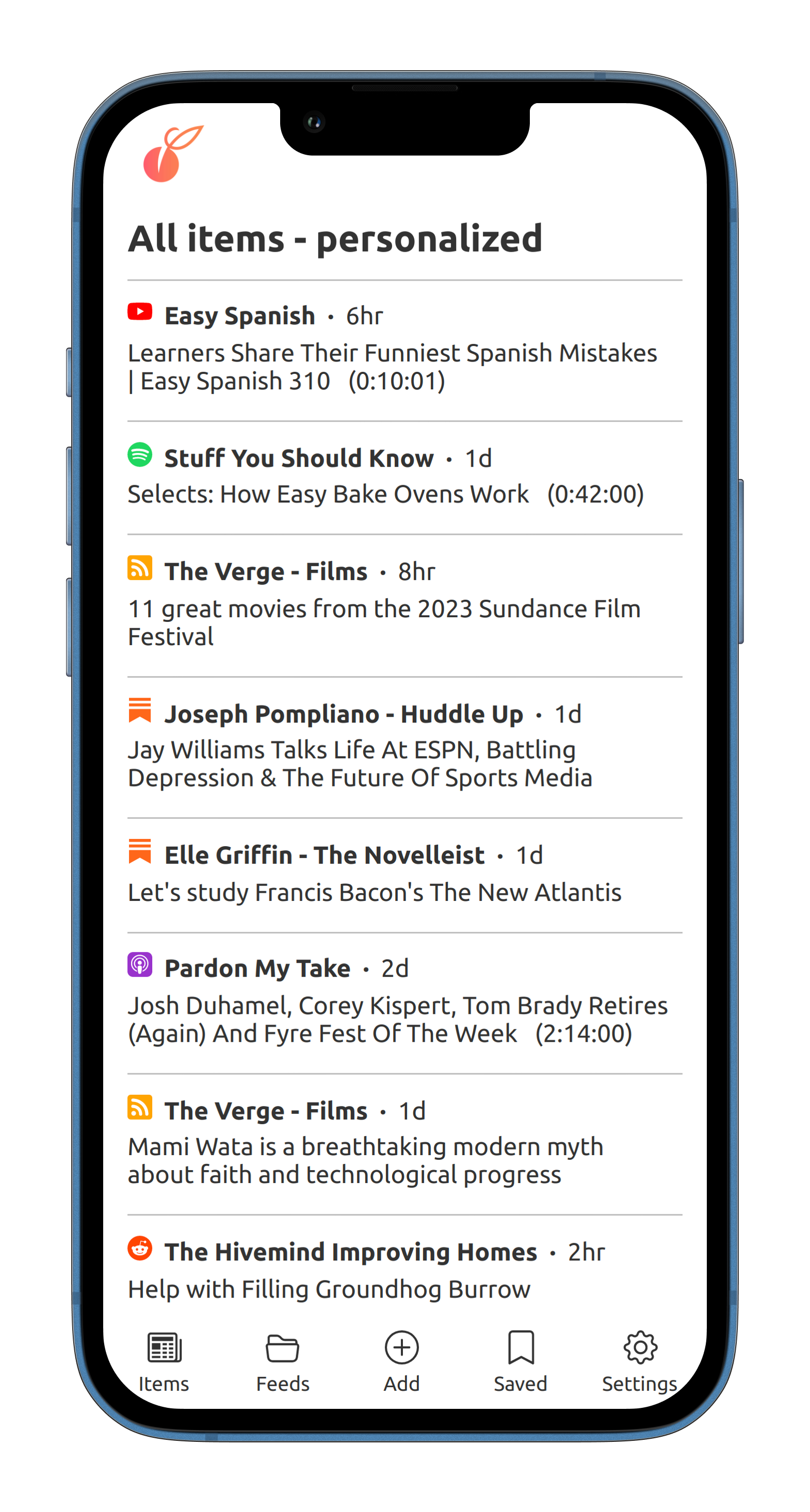 Apricot’s combined feed, sorted algorithmically, for a hypothetical user