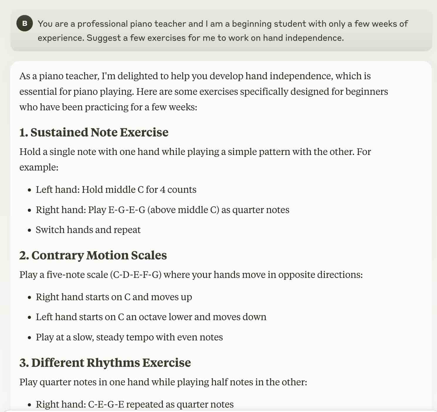 Screenshot of Claude AI suggesting piano exercises for hand independence practice, including playing quarter notes in the right hand with half notes in the left hand, and other graduated difficulty exercises.