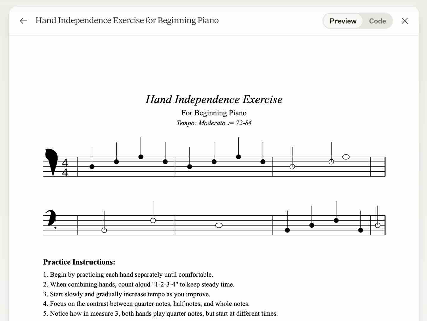 Claude AI's output for a prompt to create sheet music for piano hand independence exercises. It's clearly music but sloppy.
