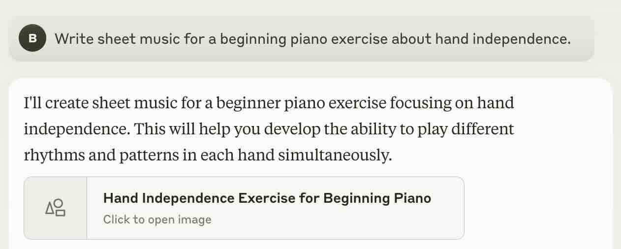 A prompt to Claude AI to create sheet music for hand independence exercises on piano.